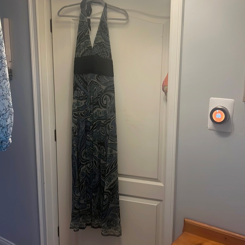 Ankle length, open back, paisley halter dress